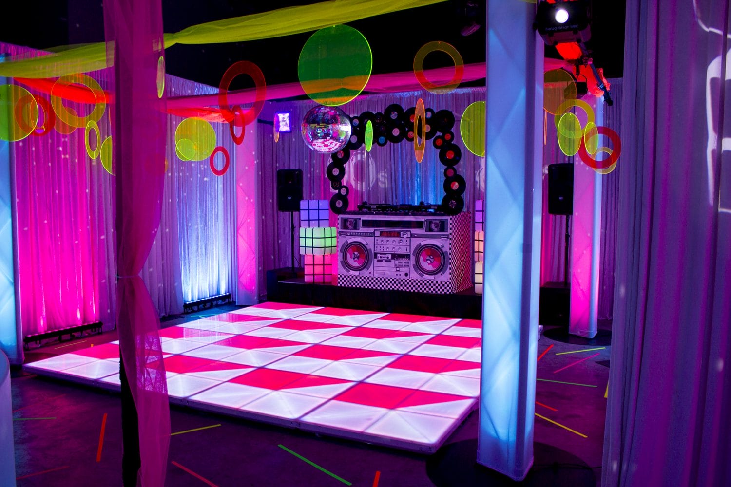 Illuminated LED dance floor 80s themed event