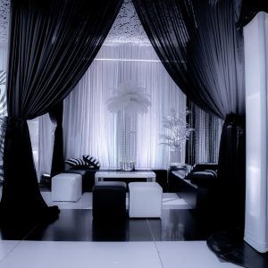 black and white themed event chiffon draping