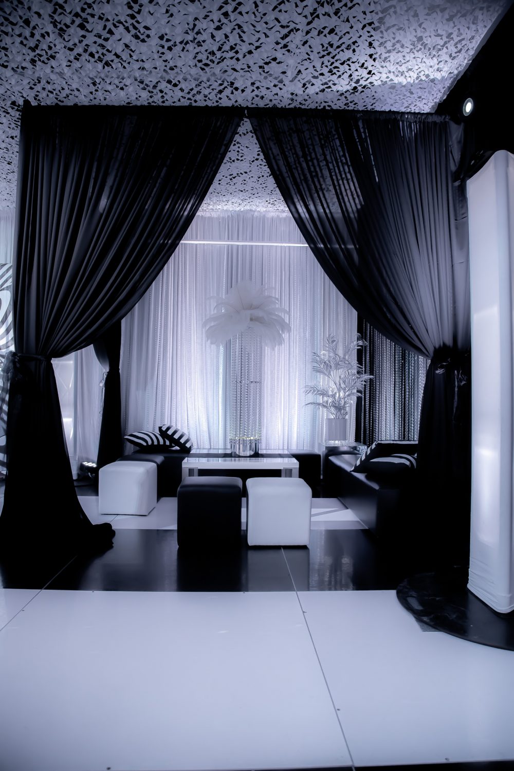 black and white themed event chiffon draping