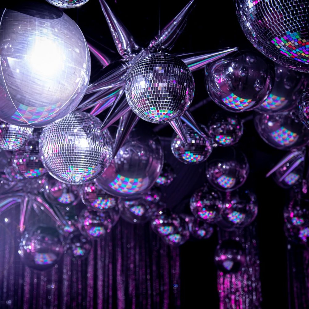 70s silver disco theme mirror balls theme transformation cost
