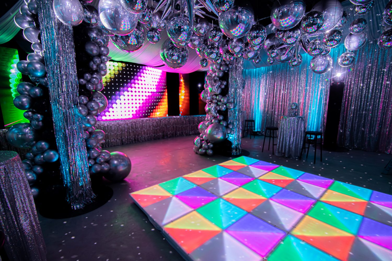 Silver 70s disco party illuminated LED dance floor