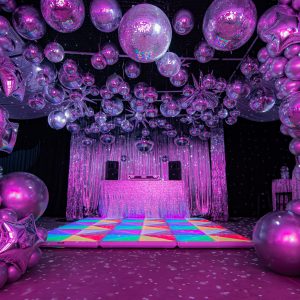 70s silver disco theme illuminated LED dance floor and mirror balls