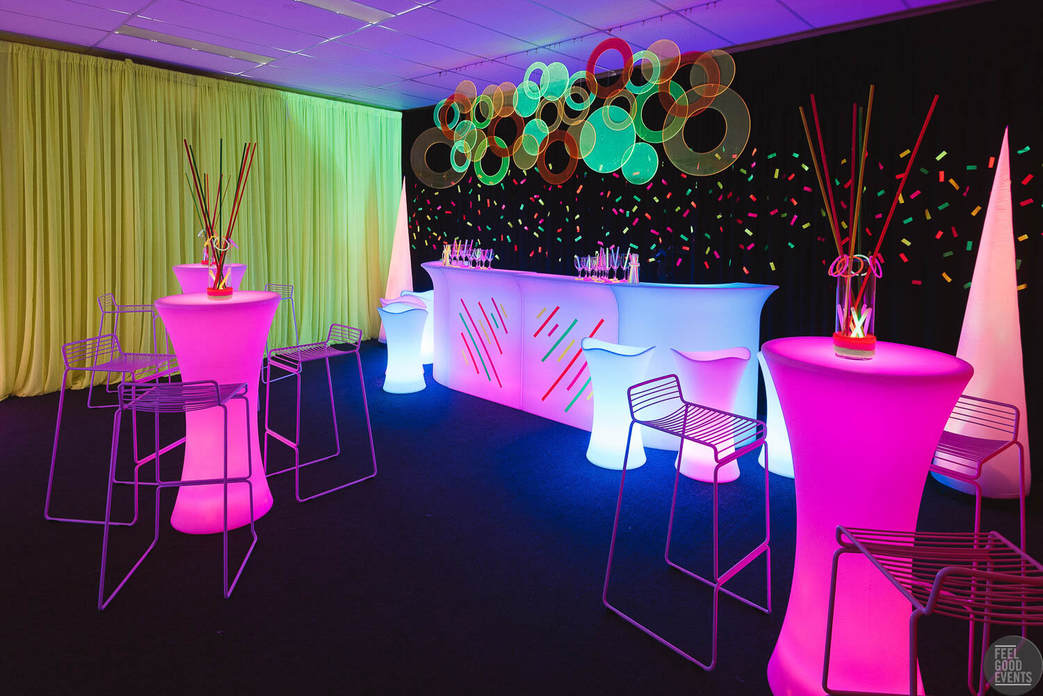 Glowing furniture hire for neon themed event melbourne