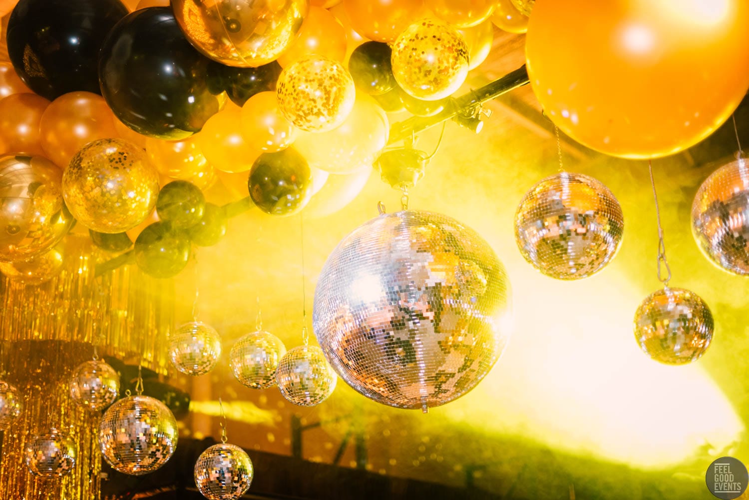 studio 54 themed party with silver mirror balls