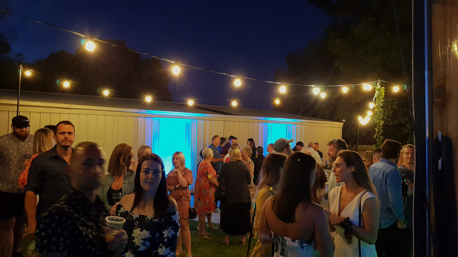 festoon lights and blue uplighting hire at backyard party melbourne