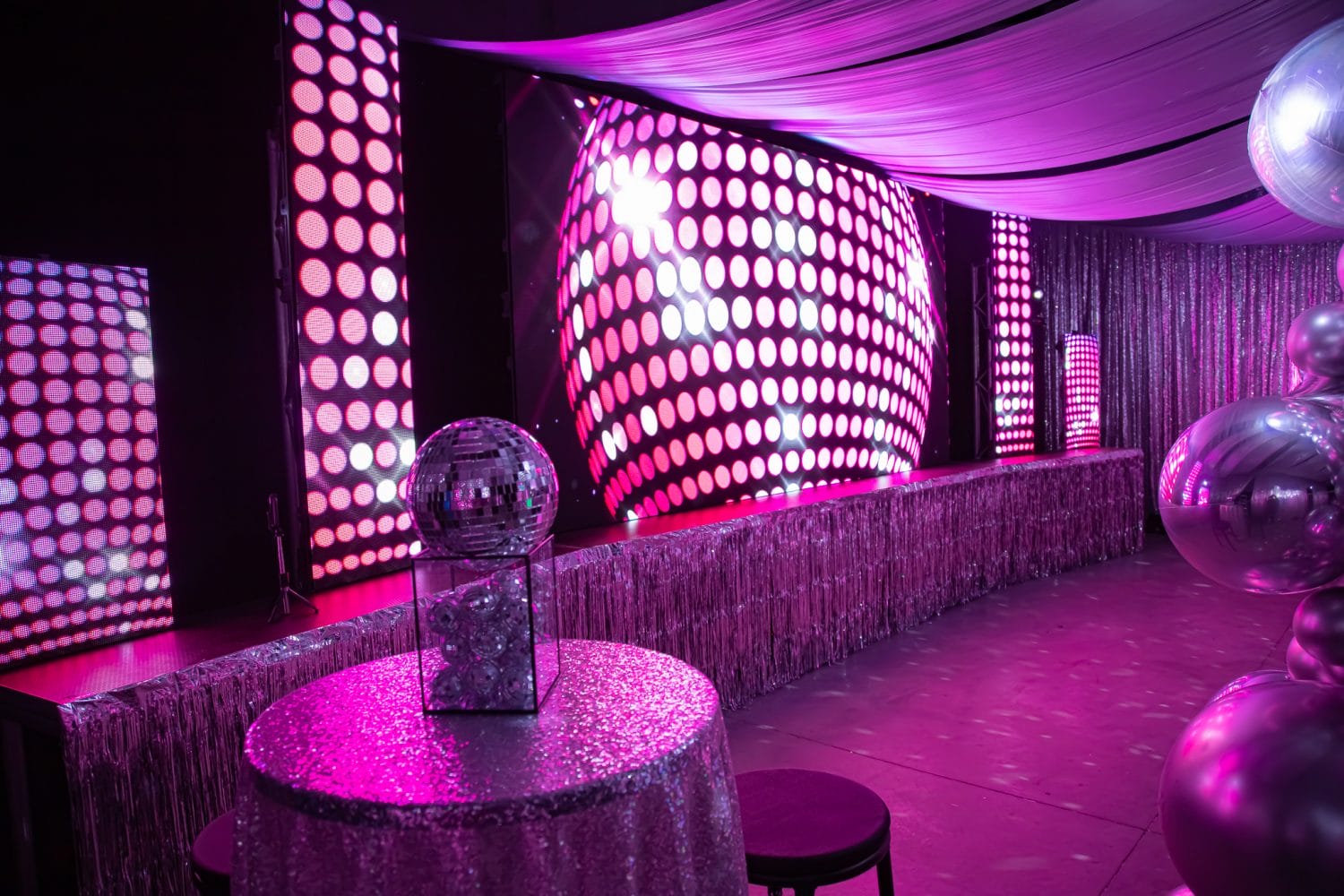 70s silver disco theme LED video screen