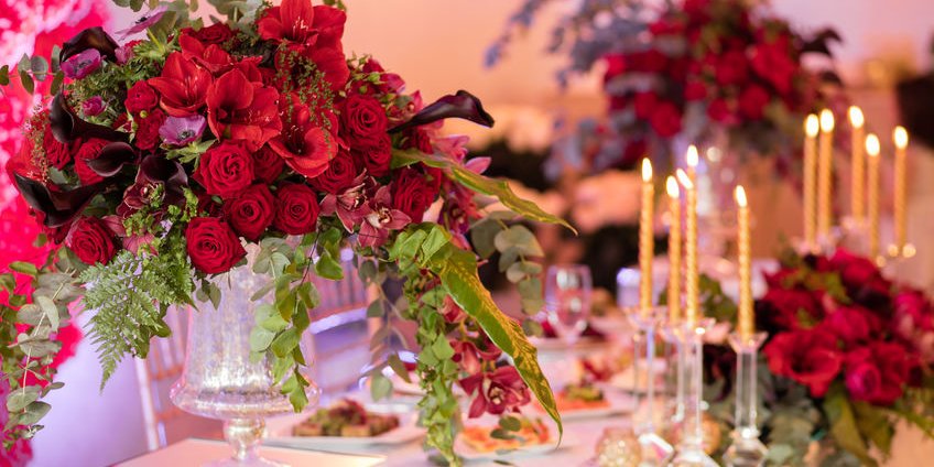 floral display on a table for a wedding