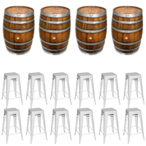 rustic furniture bundle 1 with wine barrels and white stools