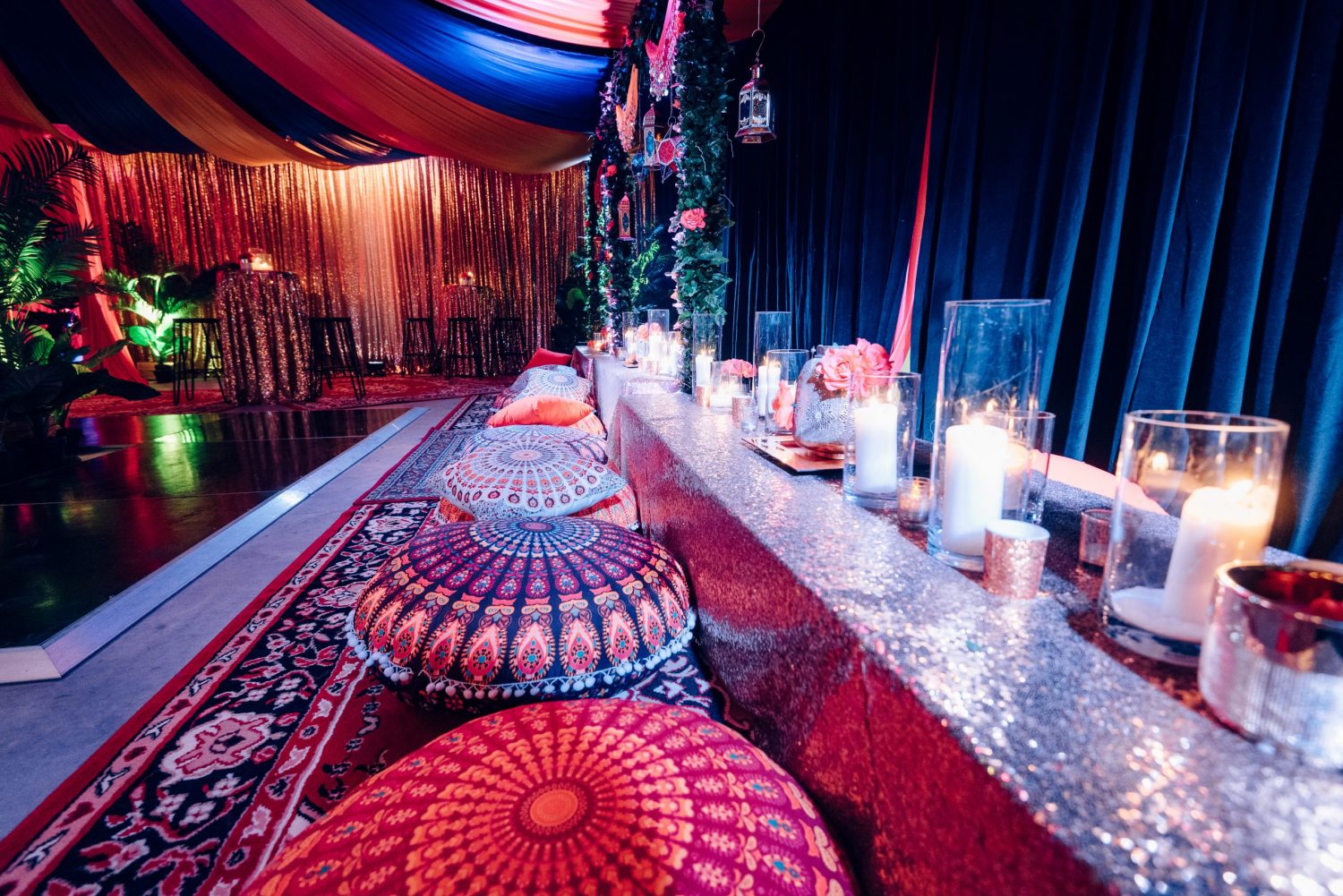 arabian nights themed event table setup with cushions