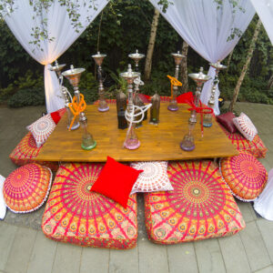 arabian nights themed event cushions, table and shisha