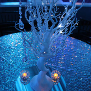Manzanita Tree Centrepiece Hire Winter Wonderland Theme Silver Table Cloth