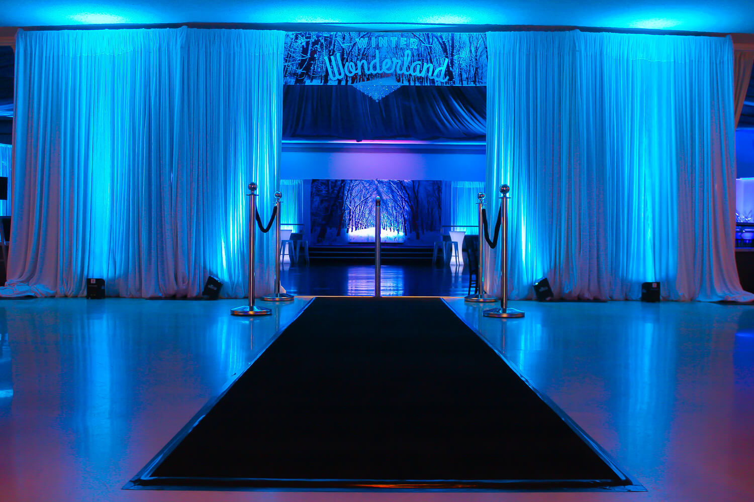 Winter Wonderland Entrance with Draping and Black Carpet