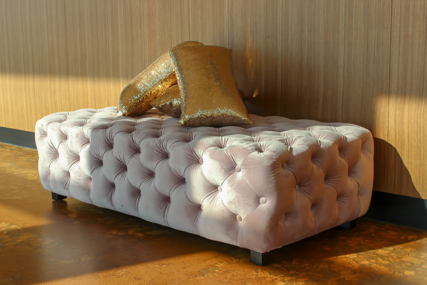 Pink Velvet Ottoman Hire Melbourne Angled View