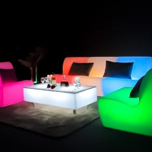 illuminated sofa with glowing rectangle coffee table hire melbourne