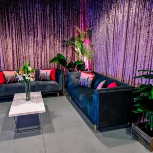 dusty pink crushed velvet draping with sofa setting hire melbourne