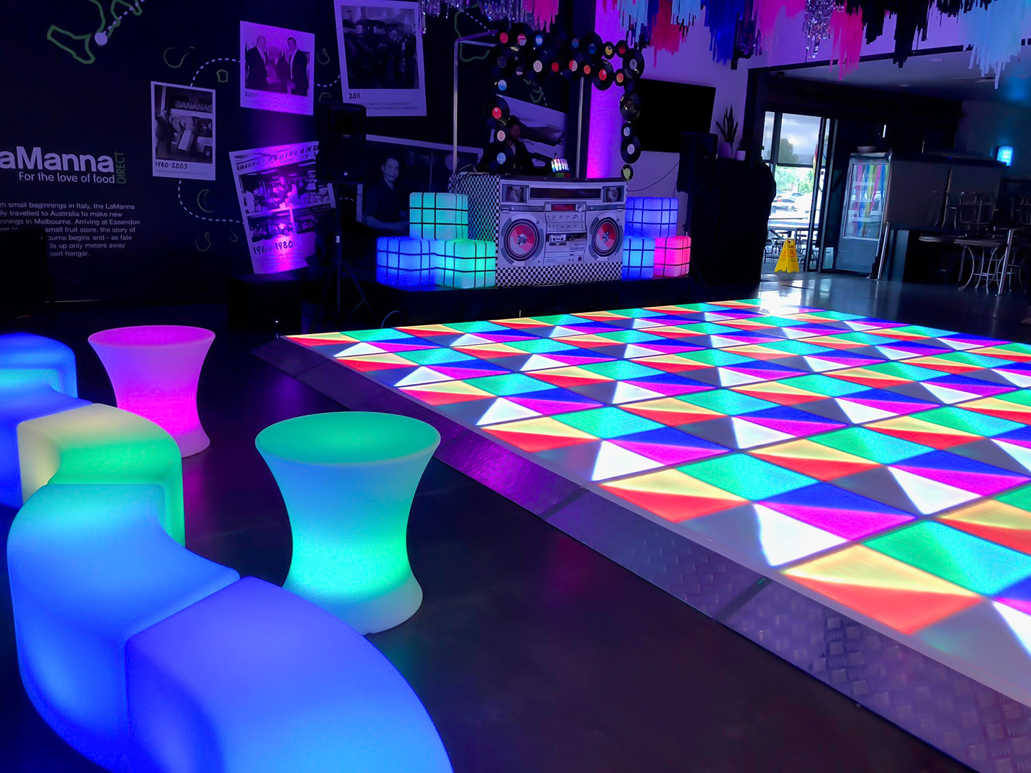 disco themed melbourne event with light up dance floor and furniture feel good events