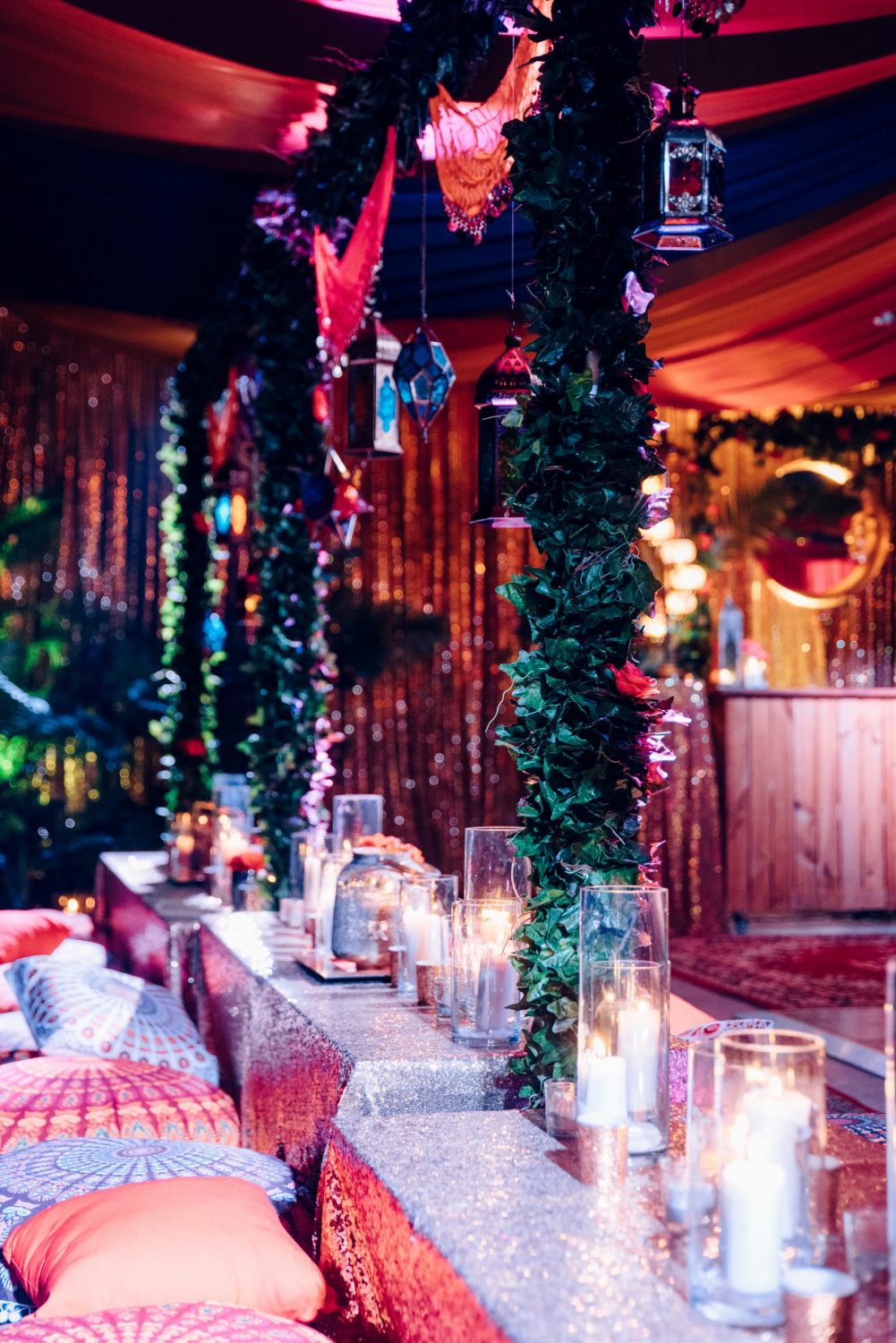 arabian nights themed table setup with decor and vases