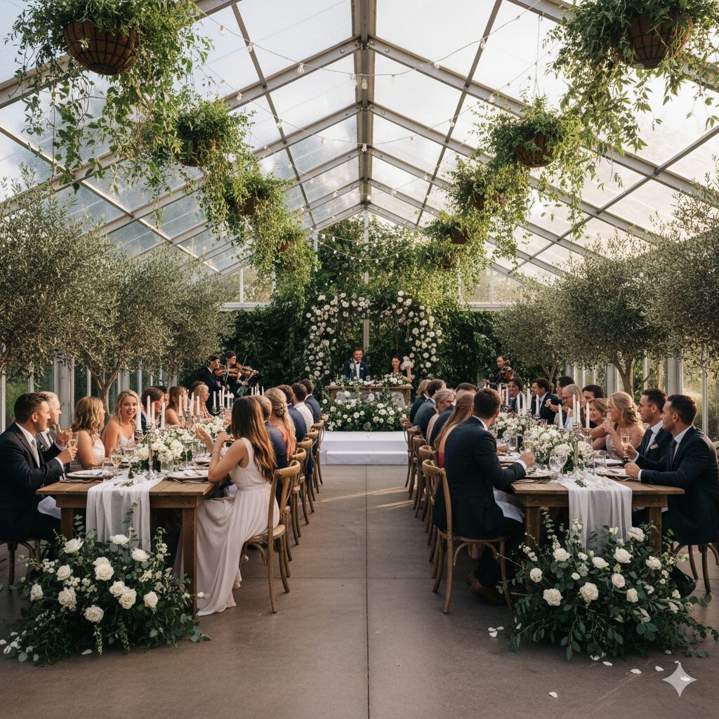 Marquee hire melbourne Marquee wedding with guests seated at tables and greenery