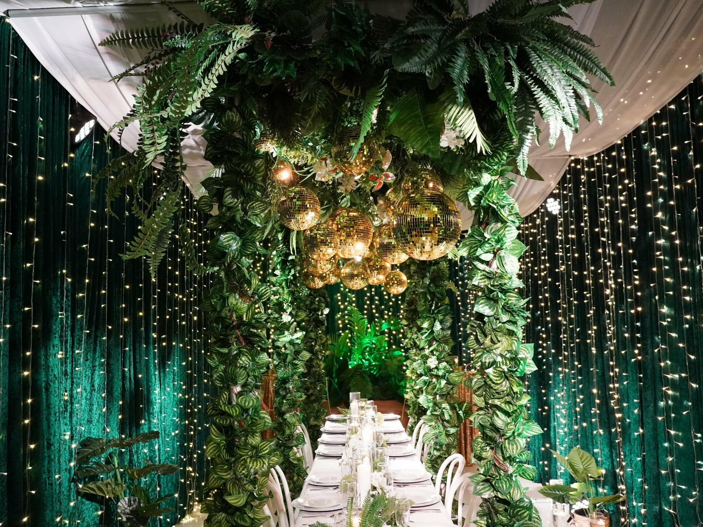 tropical green and gold party theme