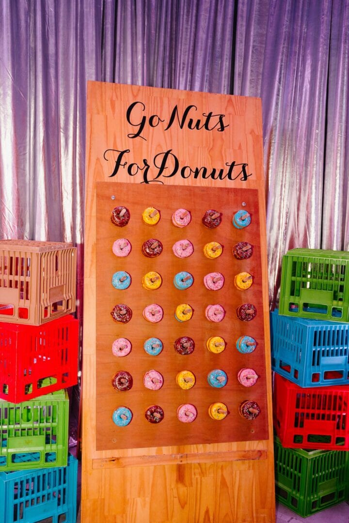 Donut wall and crates at graffiti themed party