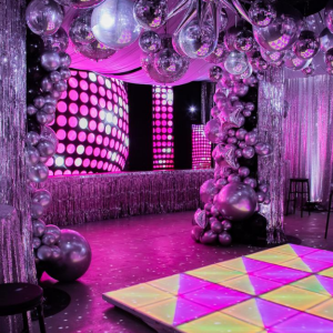 70s disco party theme set up with light up dance floor