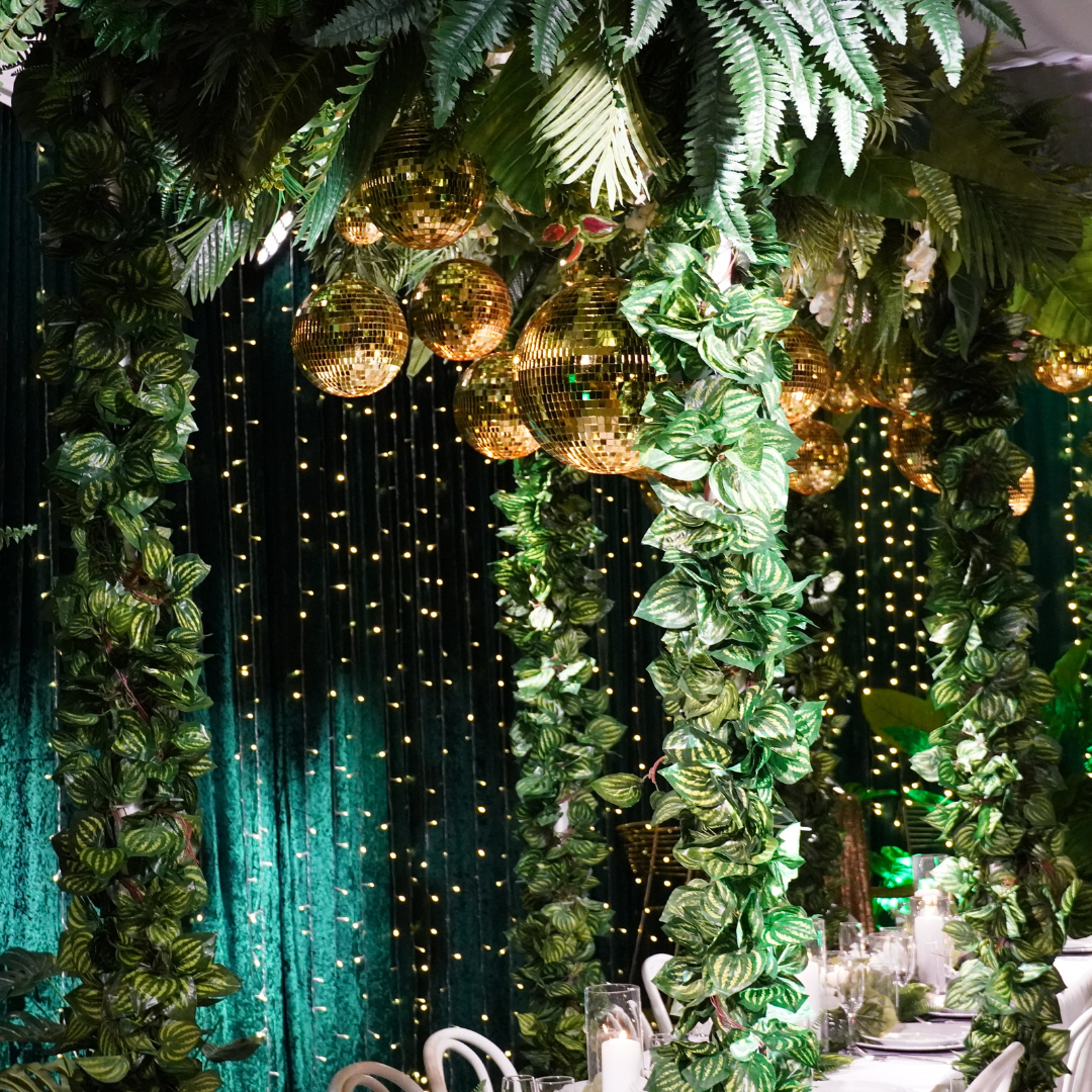 hire by tropical green and gold party theme