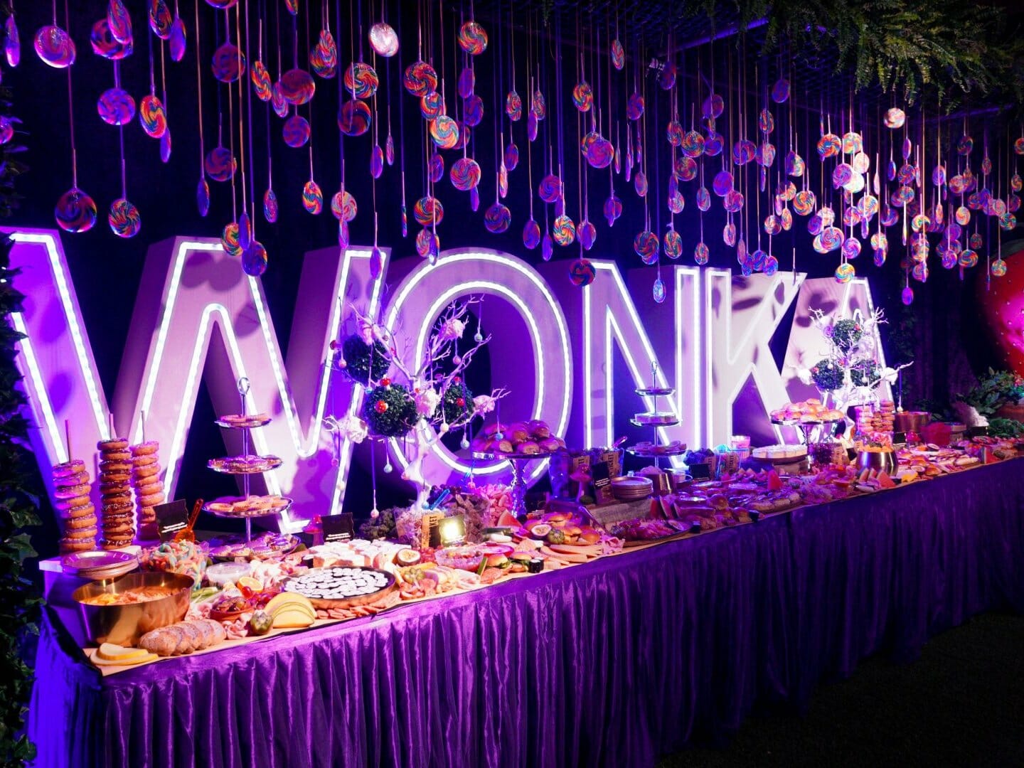 willy wonka party theme grazing table.