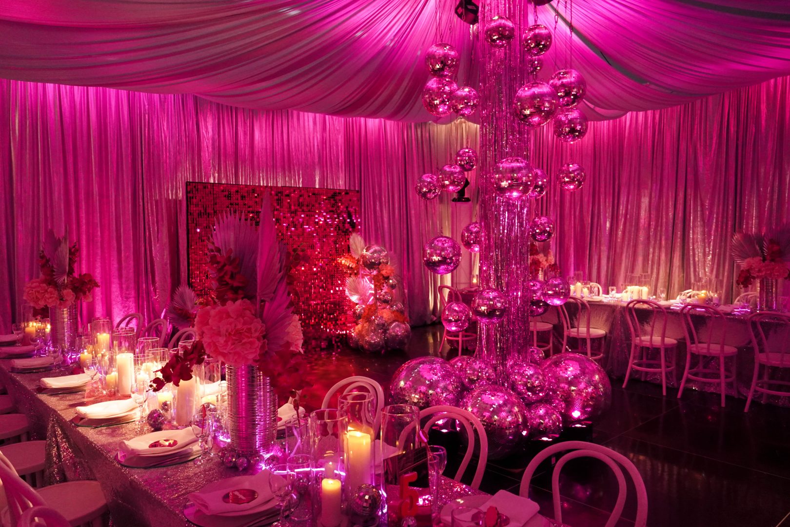 Pink full room draping event styling