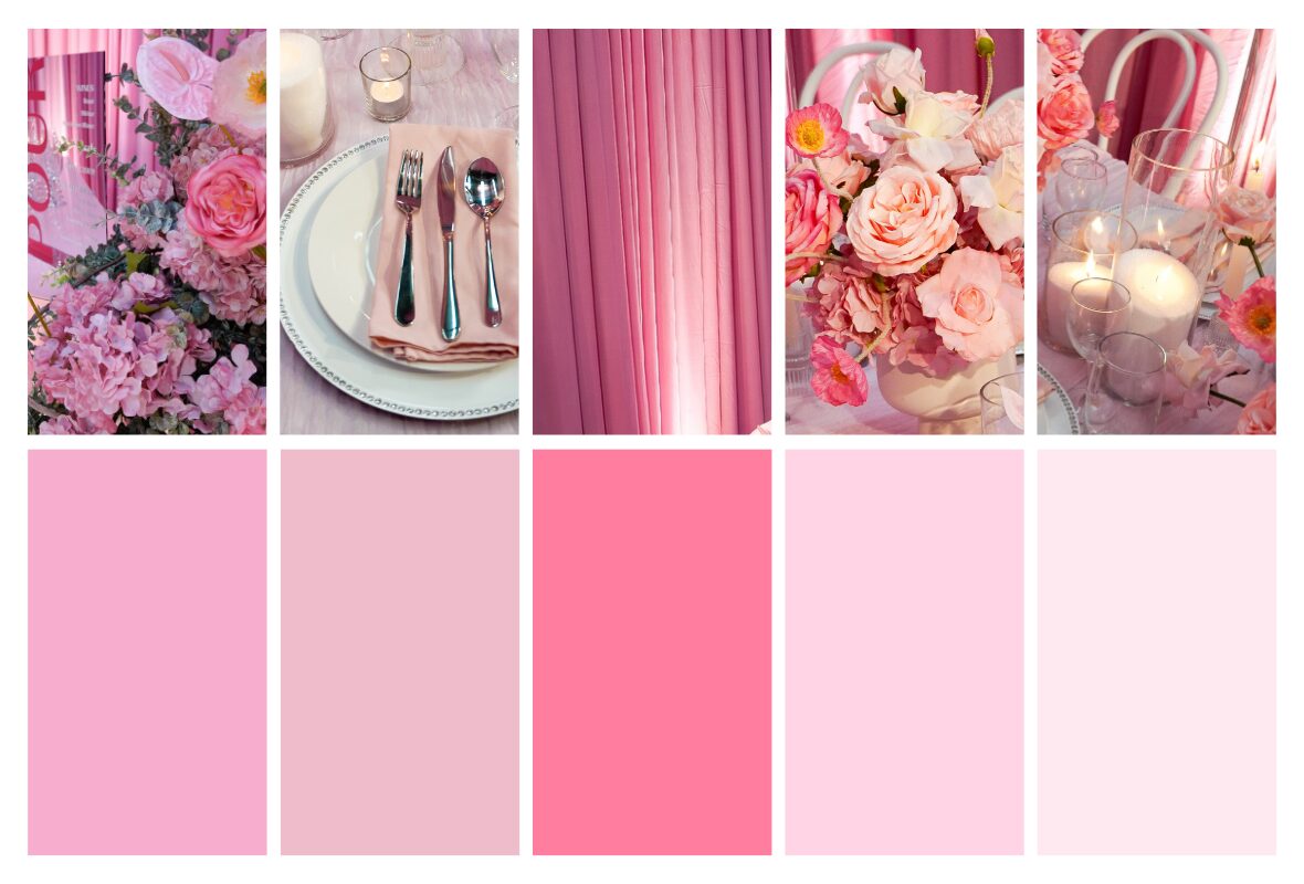 Pink Party Styling colour palette with layered blush and soft pink tones, ivory accents and romantic floral inspiration.