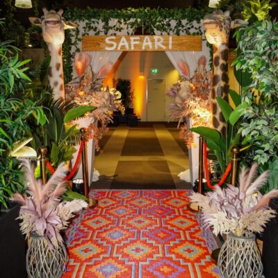 Safari themed entranceway with animal props, greenery, Melbourne Zoo Corporate Event