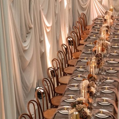 Mocha mousse styled event with dramatic draping and tablescape Wedding styling tips for melbourne weddings