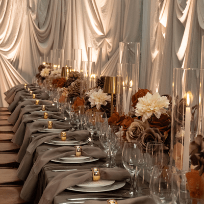 Mocha mousse styled event with dramatic draping and tablescape Wedding design with feel good events